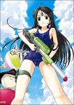  aa_megami-sama black_hair cloud day earrings facial_mark forehead_mark jewelry long_hair one-piece_swimsuit school_swimsuit shima_(artron) skuld sky solo swimsuit water_gun wet 