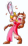  aerith_gainsborough artist_request blood chainsaw crazy_eyes dress final_fantasy final_fantasy_vii long_dress long_hair lowres out_of_character pink_dress solo very_long_hair what white_background 