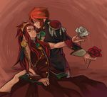  aiguillette asch cosplay epaulettes flower himemiya_anthy himemiya_anthy_(cosplay) luke_fon_fabre male_focus moidon multiple_boys parody red red_background red_flower red_rose rose shoujo_kakumei_utena tales_of_(series) tales_of_the_abyss tenjou_utena tenjou_utena_(cosplay) white_flower white_rose 