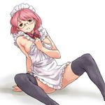  apron arm_support bare_shoulders bow bowtie copyright_request frills glasses lowres maid maid_headdress minato_fumi naked_apron pink_hair revision solo thighhighs 