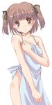  aihara_nana apron blue_apron body_blush brown_eyes brown_hair cowboy_shot kimi_kiss looking_at_viewer mizushiro_takuya naked_apron short_hair short_twintails simple_background solo twintails white_background 