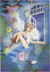  90s angel angel_wings book brown_hair checkered checkered_floor highres kamikaze_kaitou_jeanne kusakabe_maron night night_sky official_art perspective scan skirt sky solo tanemura_arina toy traditional_media white_skirt window wings 