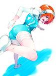  ass bent_over blue_bodysuit blue_eyes bodysuit cuilan fingerless_gloves garters gloves headphones long_sleeves looking_back maimu male_focus orange_hair otoko_no_ko senkou_no_ronde shadow short_hair solo white_gloves 