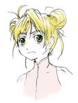 aeru bare_shoulders blonde_hair blouse blush double_bun frown green_eyes looking_at_viewer simoun simple_background sketch solo upper_body white_background 