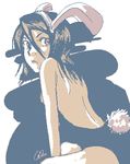  animal_ears artist_request back backless_outfit bare_legs bleach blue bunny_ears bunnysuit hair_between_eyes kuchiki_rukia lowres monochrome solo yellow 