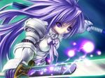  angry armor armored_dress aselia_bluespirit bow bowtie dress dual_wielding eien_no_aselia eternity_sword_series fighting_stance flat_chest game_cg gauntlets gloves glowing hitomaru holding long_hair purple_eyes purple_hair solo sword very_long_hair weapon 