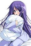  akiba_rika bed blush hair_ornament hairclip hanbun_no_tsuki_ga_noboru_sora keg long_hair long_sleeves pajamas pillow purple_eyes purple_hair solo 