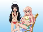  alastor_(shakugan_no_shana) artist_request bikini black_hair bread crossover food green_sarong jewelry kugimiya_rie louise_francoise_le_blanc_de_la_valliere melon_bread multiple_girls pendant sarong seiyuu_connection shakugan_no_shana shana swimsuit zero_no_tsukaima 