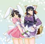  ahoge animal_ears black_hair cosplay genshiken gloves hair_ribbon hand_on_hip hat kabaya_kousuke kokubunji_koyori kokubunji_koyori_(cosplay) long_hair long_sleeves mole mole_under_eye multiple_girls nakahara_komugi nakahara_komugi_(cosplay) nurse_cap nurse_no_obenkyou nurse_witch_komugi-chan ogiue_chika oono_kanako open_mouth purple_skirt ribbon skirt tail white_gloves wings 