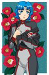  artist_request blue_eyes blue_hair cowboy_shot ekuryua floral_background flower headband long_sleeves seikai_no_senki short_hair sleeves_past_wrists solo standing uniform 