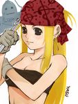  alphonse_elric armor bandana bandeau blonde_hair brown_eyes earrings flamel_symbol fullmetal_alchemist gloves jewelry long_hair ponytail strapless winry_rockbell wrench yokoyama_yasushi 