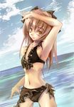  arm_up artist_request bikini brown_hair copyright_request day long_hair lowres ocean outdoors seaside solo summer swimsuit yellow_eyes 