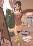  bed bedroom boots clothes_in_front clothes_on_floor cosplay dressing gundam indoors jpeg_artifacts long_sleeves messy_room military military_uniform mirror mobile_suit_gundam original smile solo tanaka_shoutarou uniform window 