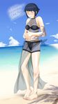  bare_shoulders barefoot beach bikini black_sarong blue_hair blue_sky blush breasts cleavage cloud cloudy_sky day english full_body hyuuga_hinata lost_one_zero medium_breasts naruto naruto_(series) nose_blush outdoors sarong see-through short_hair sky solo swimsuit translucent_sarong 