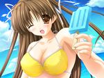  artist_request as_you_like beach bikini_top breasts brown_eyes brown_hair day food game_cg hair_ribbon large_breasts long_hair one_eye_closed outdoors popsicle ribbon solo swimsuit wakatsuki_ayumi 