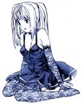  amane_misa bangs blue death_note elbow_gloves feet gloves kneeling lace lace_legwear monochrome nekomata_naomi sketch solo tears thighhighs two_side_up 