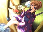  :d barefoot basin blue_eyes brown_hair fan fang feet food from_above fruit game_cg incense japanese_clothes kawahara_mizuha kayari_buta kimono konneko long_sleeves mikeou open_mouth paper_fan sitting smile soaking_feet solo summer sunlight tatami toes uchiwa veranda water watermelon yukata 