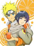  1girl blonde_hair couple food fruit hetero holding holding_food holding_fruit hug hyuuga_hinata keroyon-jima long_sleeves lowres naruto naruto_(series) orange orange_(color) uzumaki_naruto 