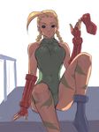  ahoge beret blonde_hair boots braid cammy_white camouflage green_leotard hat huge_ahoge leotard shihira_tatsuya solo street_fighter twin_braids 