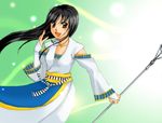  :d bad_anatomy black_hair blush brown_eyes detached_sleeves floating_hair gensou_suikoden gensou_suikoden_i gensou_suikoden_ii green_background holding light_rays long_sleeves open_mouth polearm simple_background smile solo staff viki_(suikoden) weapon wind 