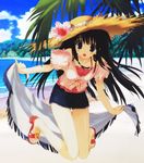  beach black_hair blue_eyes brown_hair copyright_request day feet flower hat hibiscus long_hair mitsumi_misato ocean outdoors pencil_skirt ribbon sandals sarong sarong_removed skirt solo straw_hat summer sun_hat tropical white_sarong 