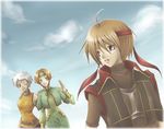  2girls blonde_hair cogwheel elf facial_mark forehead_mark gensou_suikoden gensou_suikoden_iv green_eyes jewel_(suikoden) lazlo long_sleeves multiple_girls one_eye_closed paula_(suikoden) pointy_ears short_hair silver_hair 