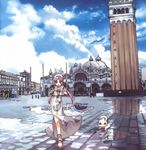  amano_kozue aria aria_pokoteng bird blush church city cloud day dome highres mizunashi_akari piazza_san_marco pigeon pink_hair puddle reflection scenery skipping sky smile solo tower twintails uniform venezia water 