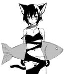  animal animal_ears cat_ears collar fish greyscale monochrome oekaki original panties satou_atsuki solo torn_clothes underwear 