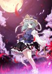  aqua_hair belt blue_eyes bow cherry_blossoms flower hat long_sleeves moon night petals rod_of_remorse shiki_eiki short_hair skirt solo spider_lily tokiame touhou wind 