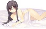  arima_senne bed_sheet blush bra breasts brown_eyes brown_hair cleavage glasses kashiwamochi_yomogi lingerie long_hair lying medium_breasts nightgown on_side original panties solo strap_slip underwear white_bra white_panties 