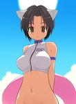  animal_ears arms_behind_back bikini black_hair bottomless brown_eyes cat_ears cloud day expressionless innertube looking_at_viewer navel no_panties nora_higuma original out-of-frame_censoring outdoors short_hair sky solo sun swimsuit 