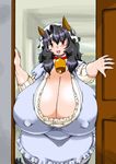  :d against_wall animal_ears bangs bell bell_collar black_eyes black_hair blue_dress blurry blush breast_press breasts ceiling cleavage collar covered_nipples cow_bell cow_ears cow_girl cow_horns cow_tail cowboy_shot depth_of_field door doorway dress eyebrows eyebrows_visible_through_hair fat frills gigantic_breasts hair_between_eyes hand_up happy hat horns indoors jewelry long_hair long_sleeves looking_at_viewer mature open_door open_mouth outline outstretched_arm pantyhose parted_bangs plump ribbed_sweater ring sagging_breasts shiny shiny_hair short_dress short_sleeves smile solo standing sweat sweater tail tatara taut_clothes wedding_band wide_hips window 