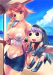  amei_sumeru bag beach bikini breasts cleavage cloud day denim denim_shorts dolphin handbag large_breasts multiple_girls ocean orange_hair original outdoors purple_eyes purple_hair red_eyes shiny shorts sky swimsuit water white_swimsuit 