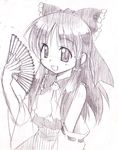  ascot bow detached_sleeves fan folding_fan fumotono_mikoto hair_bow hair_tubes hakurei_reimu monochrome purple sketch smile solo touhou 