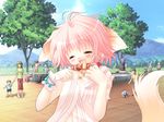  animal_ears ball blush child closed_eyes collar day dog_ears dog_tail fang fountain game_cg happy laughing outdoors pink_hair sakurazawa_izumi soccer_ball solo tail tango_(soccer_ball) tree wanko wanko_to_lily water wrist_cuffs 