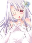  ;d bare_shoulders blush elbow_gloves fate/stay_night fate_(series) flower gloves hair_flower hair_ornament illyasviel_von_einzbern interlocked_fingers looking_at_viewer one_eye_closed open_mouth shiranagi simple_background smile solo upper_body white_background white_gloves 