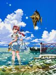  amano_kozue animal anime_coloring aria aria_pokoteng barefoot clothes_grab cloud day fish gondola green_eyes hair_tubes hat looking_back mizunashi_akari ocean official_art outdoors pink_hair scenery sidelocks sky sun twintails uniform wading water 