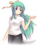  black_skirt blue_eyes blush cowboy_shot green_hair hair_ribbon higurashi_no_naku_koro_ni long_hair ribbon short_sleeve_sweater short_sleeves simple_background skirt smile solo sonozaki_shion subaru_(yachika) sweater turtleneck very_long_hair white_background 