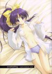  bed blue_panties blush bow doujinshi dress_shirt hair_bow ikegami_akane itou_noemi long_hair long_sleeves lying no_bra no_pants on_back open_clothes open_shirt panties ponytail purple_eyes purple_hair shirt solo striped striped_panties thigh_gap underwear very_long_hair with_you yellow_bow 