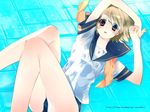  888 brown_hair glasses no_pants one-piece_swimsuit original red_eyes school_swimsuit school_uniform solo swimsuit swimsuit_under_clothes wallpaper wet 