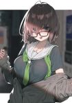  1girl :o absurdres black_shirt blue_eyes blurry blurry_background breasts brown-framed_eyewear brown_hair buttons collarbone commentary_request depth_of_field fate/grand_order fate_(series) glasses green_neckwear grey_cardigan hair_between_eyes hair_over_one_eye highres large_breasts long_sleeves looking_at_viewer looking_over_eyewear mash_kyrielight necktie off_shoulder open_mouth rolua sailor_collar school_uniform shade shirt short_hair short_sleeves solo upper_body white_sailor_collar 