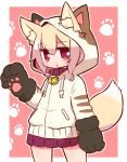  1girl :o animal_ear_fluff animal_ears animal_hood bangs bell bell_collar blonde_hair blush cat_hood collar commentary_request cowboy_shot drawstring ears_through_headwear eyebrows_visible_through_hair fox_ears fox_girl fox_tail gloves hair_between_eyes hand_up highres hood hood_up hoodie jingle_bell kemomimi-chan_(naga_u) long_hair long_sleeves looking_at_viewer naga_u original parted_lips paw_gloves paws pleated_skirt purple_skirt red_collar red_eyes skirt solo standing tail white_hoodie 