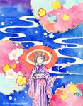  japanese_clothes kuko long_sleeves original solo traditional_media umbrella watercolor_(medium) 