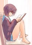  bangs barefoot blue_sailor_collar book cardigan feet kita_high_school_uniform legs long_sleeves nagato_yuki reading sailor_collar school_uniform serafuku short_hair sitting solo suzumiya_haruhi_no_yuuutsu yuki_usagi 