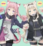  2girls absurdres an-94_(girls_frontline) animal_ears bangs blonde_hair cat_ears cat_tail eyebrows_visible_through_hair facial_mark fang fish food food_in_mouth girls_frontline green_eyes hairband highres jacket long_hair looking_at_viewer multiple_girls nyan open_mouth pantyhose paw_pose pink_hair ponytail purple_eyes ribbon simple_background single_thighhigh st_ar-15_(girls_frontline) strap tail thigh_strap thighhighs tori_(user_hghr2284) whisker_markings 