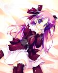  :3 bed blush dress frills hair_ribbon hands_clasped happiness! long_hair long_sleeves lying male_focus on_back onsokuzekuu otoko_no_ko own_hands_together purple_eyes purple_hair ribbon smile solo thighhighs very_long_hair watarase_jun zettai_ryouiki 