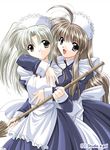  bamboo_broom blue_eyes broom brown_hair ebenbourg_no_kaze hug long_hair long_sleeves maid multiple_girls mylene_trantoul silver_hair watermark yamamoto_kazue yellow_eyes 