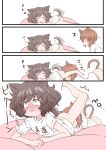  2girls akiyama_yukari animal_ears bangs blush bottomless brown_eyes brown_hair cat_ears comic dog_ears girls_und_panzer hadzuki_haru messy_hair multiple_girls naked_shirt nishizumi_miho pillow shirt short_hair sleeping smirk tail translation_request yuri zzz 