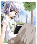  black_eyes book character_request cloud copyright_request day noto_(soranoto) resized short_hair sitting sky smile solo tree white_hair 