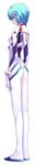  aqua_hair ass ayanami_rei bangs blue_hair bodysuit bracer breasts closed_mouth expressionless flat_ass from_side full_body gloves gradient_hair hair_between_eyes hair_ornament head_tilt highres iwai_ryou kneepits legs_together long_image long_legs looking_at_viewer multicolored_hair neon_genesis_evangelion number pilot_suit plugsuit profile red_eyes simple_background skinny small_breasts solo standing tall_image turtleneck white_background white_bodysuit 